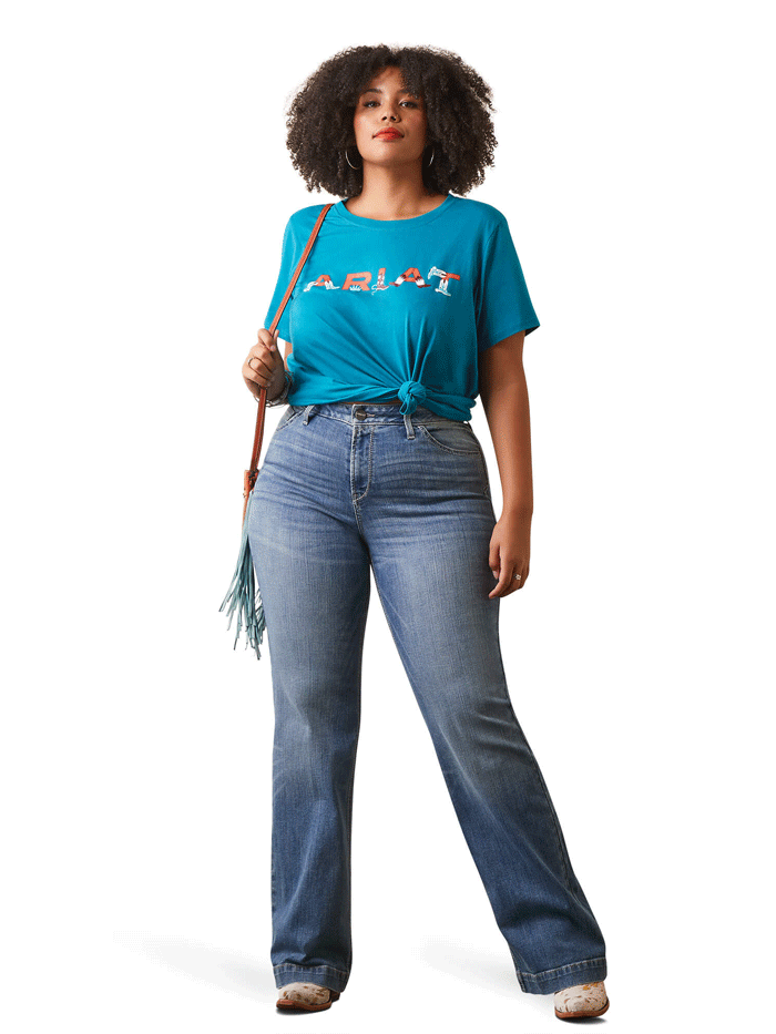 Ariat 10043632 Womens REAL Boot Kickin' Logo Tee Exotic Plume front view. If you need any assistance with this item or the purchase of this item please call us at five six one seven four eight eight eight zero one Monday through Saturday 10:00a.m EST to 8:00 p.m EST