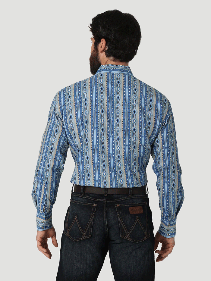 Wrangler 112316687 Mens Checotah Long Sleeve Western Snap Printed Shirt Bay Blue front view. If you need any assistance with this item or the purchase of this item please call us at five six one seven four eight eight eight zero one Monday through Saturday 10:00a.m EST to 8:00 p.m EST