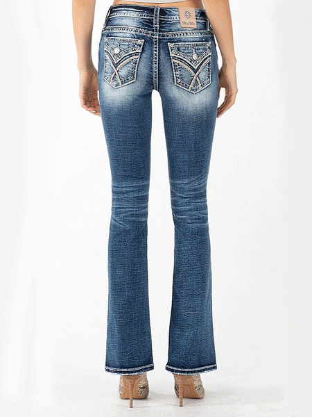 Miss Me M3444B55 Womens Aztec Bootcut Jeans Dark Blue back view. If you need any assistance with this item or the purchase of this item please call us at five six one seven four eight eight eight zero one Monday through Saturday 10:00a.m EST to 8:00 p.m EST