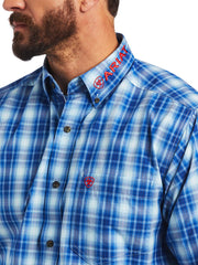 Ariat 10040786 Mens Pro Series Team Yves Classic Fit Shirt Cerulean Blue close up on model. If you need any assistance with this item or the purchase of this item please call us at five six one seven four eight eight eight zero one Monday through Saturday 10:00a.m EST to 8:00 p.m EST