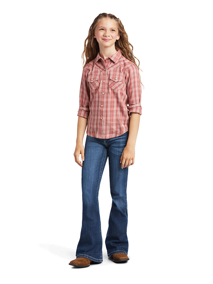 Ariat 10039508 Kids Long Sleeve Shirt Antique Rubia Plaid front view. If you need any assistance with this item or the purchase of this item please call us at five six one seven four eight eight eight zero one Monday through Saturday 10:00a.m EST to 8:00 p.m EST
