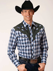 Roper 01-001-0024-0102 Mens Long Sleeve Plaid Western Shirt Blue front view. If you need any assistance with this item or the purchase of this item please call us at five six one seven four eight eight eight zero one Monday through Saturday 10:00a.m EST to 8:00 p.m EST