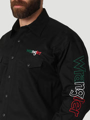 Wrangler 112317124 Mens Mexico Flag Logo Snap Shirt Black sleeve close up. If you need any assistance with this item or the purchase of this item please call us at five six one seven four eight eight eight zero one Monday through Saturday 10:00a.m EST to 8:00 p.m EST