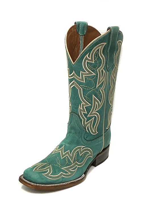 Circle G L5880 Ladies Embroidery Square Toe Boot Turquoise front and side view. If you need any assistance with this item or the purchase of this item please call us at five six one seven four eight eight eight zero one Monday through Saturday 10:00a.m EST to 8:00 p.m EST
