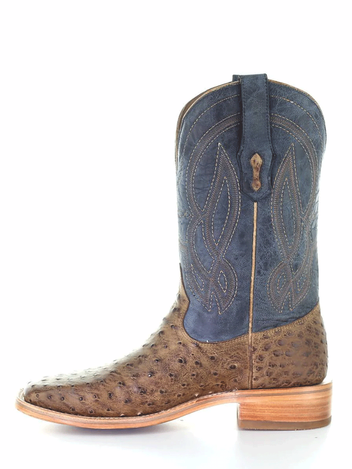 Corral A4052 Mens Ostrich Embroidery Square Toe Western Boot Navy And Orix front and side view. If you need any assistance with this item or the purchase of this item please call us at five six one seven four eight eight eight zero one Monday through Saturday 10:00a.m EST to 8:00 p.m EST