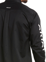 Ariat 10017497 Mens Team Logo Twill Classic Fit Shirt Black back close up. If you need any assistance with this item or the purchase of this item please call us at five six one seven four eight eight eight zero one Monday through Saturday 10:00a.m EST to 8:00 p.m EST