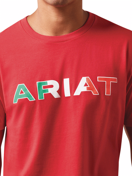 Ariat 10043068 Mens Viva Mexico Short Sleeve Tee Red front design close up. If you need any assistance with this item or the purchase of this item please call us at five six one seven four eight eight eight zero one Monday through Saturday 10:00a.m EST to 8:00 p.m EST
