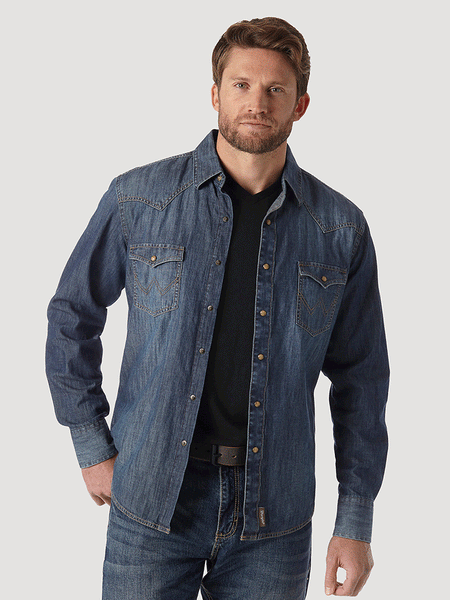 Wrangler MVR458D Mens Retro Long Sleeve Western Shirt Blue Denim front view. If you need any assistance with this item or the purchase of this item please call us at five six one seven four eight eight eight zero one Monday through Saturday 10:00a.m EST to 8:00 p.m EST