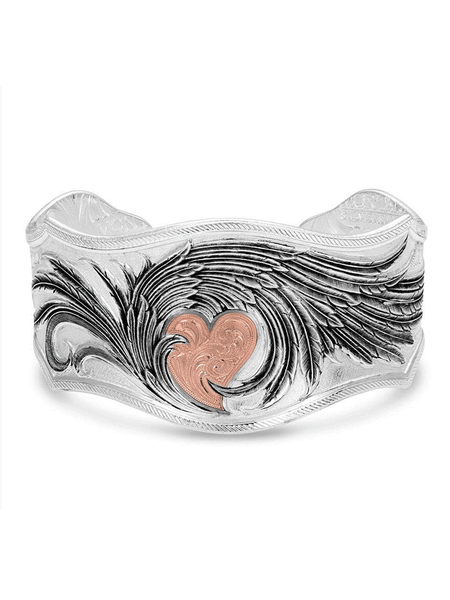 Montana Silversmiths BC4394RG Womens Rose Gold Heart Strings Feather Bracelet Silver front view. If you need any assistance with this item or the purchase of this item please call us at five six one seven four eight eight eight zero one Monday through Saturday 10:00a.m EST to 8:00 p.m EST