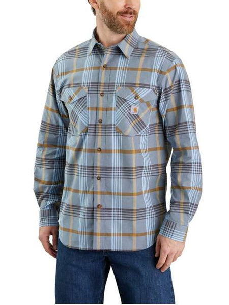 Carhartt 105437-H73 Mens Rugged Flex Relaxed Fit Lightweight Long Sleeve Plaid Shirt Alpine Blue front view. If you need any assistance with this item or the purchase of this item please call us at five six one seven four eight eight eight zero one Monday through Saturday 10:00a.m EST to 8:00 p.m EST