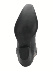 Dingo DI748 Womens Primrose Ankle Western Bootie Black sole view. If you need any assistance with this item or the purchase of this item please call us at five six one seven four eight eight eight zero one Monday through Saturday 10:00a.m EST to 8:00 p.m EST