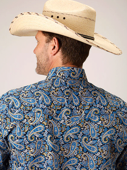 Roper 3-01-225-2015 Mens Long Sleeve Paisley Western Shirt Blue back view. If you need any assistance with this item or the purchase of this item please call us at five six one seven four eight eight eight zero one Monday through Saturday 10:00a.m EST to 8:00 p.m EST