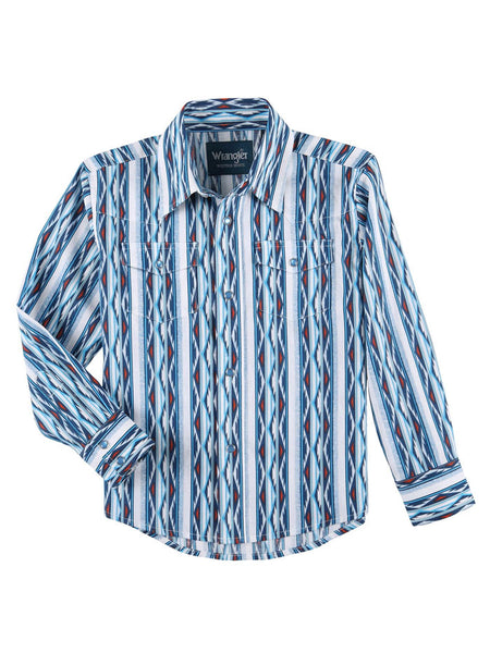 Wrangler 112324796 Kids Checotah Long Sleeve Shirt Blue front view. If you need any assistance with this item or the purchase of this item please call us at five six one seven four eight eight eight zero one Monday through Saturday 10:00a.m EST to 8:00 p.m EST