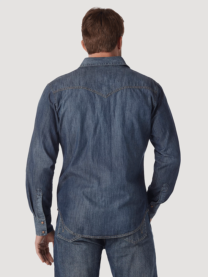 Wrangler MVR458D Mens Retro Long Sleeve Western Shirt Blue Denim front view. If you need any assistance with this item or the purchase of this item please call us at five six one seven four eight eight eight zero one Monday through Saturday 10:00a.m EST to 8:00 p.m EST