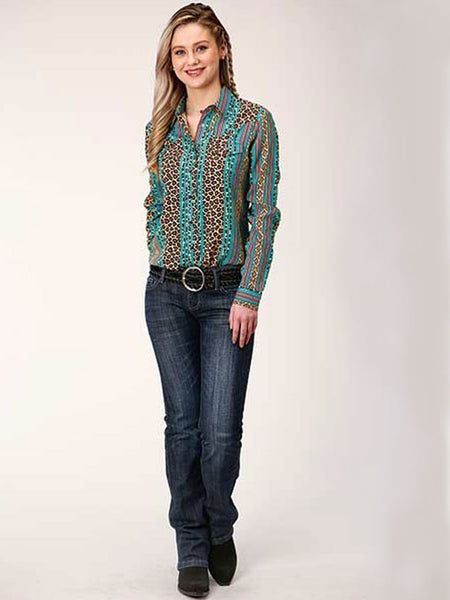 Roper 03-050-0590-0148 Womens Leopard Stripe Printed Rayon Western Blouse Multi front view. If you need any assistance with this item or the purchase of this item please call us at five six one seven four eight eight eight zero one Monday through Saturday 10:00a.m EST to 8:00 p.m EST