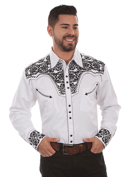 Scully P-634 Mens Floral Tooled Embroidery Western Shirt White front view. If you need any assistance with this item or the purchase of this item please call us at five six one seven four eight eight eight zero one Monday through Saturday 10:00a.m EST to 8:00 p.m EST