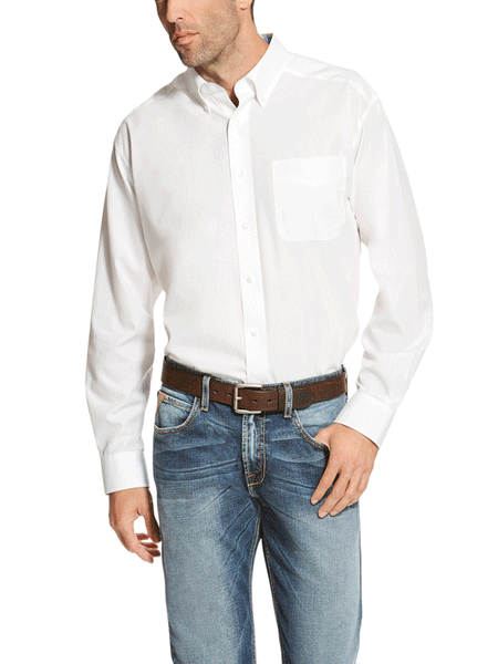 Ariat 10020331 Mens Wrinkle Free Solid Shirt White front view. If you need any assistance with this item or the purchase of this item please call us at five six one seven four eight eight eight zero one Monday through Saturday 10:00a.m EST to 8:00 p.m EST