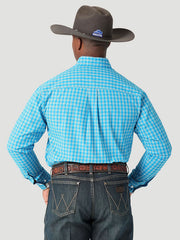 Wrangler 112317183 Mens George Strait Long Sleeve Plaid Shirt Tranquil Blue back view. If you need any assistance with this item or the purchase of this item please call us at five six one seven four eight eight eight zero one Monday through Saturday 10:00a.m EST to 8:00 p.m EST