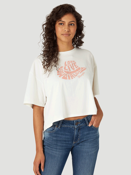 Wrangler 112318823 Womens Retro Short Sleeve LONG LIVE COWGIRLS Cropped Tee Mallow front view. If you need any assistance with this item or the purchase of this item please call us at five six one seven four eight eight eight zero one Monday through Saturday 10:00a.m EST to 8:00 p.m EST